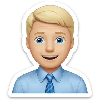 A guy with blonde hair and blue eyes that looks masculine. make him wear a shirt with a tie. he is danish. He is laughing with tears in his eyes sticker