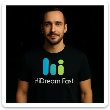 man wearing tshirt with this logo, dark night background with dim , add fast below logo, make man fit into image, add fast insead pf the dev keep rest same sticker