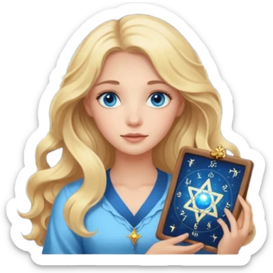 A long wavy haired blonde girl with blue eyes holding a astrology natal chart. sticker