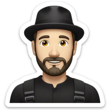 White skinned man with a tiny black beard and black hat sticker