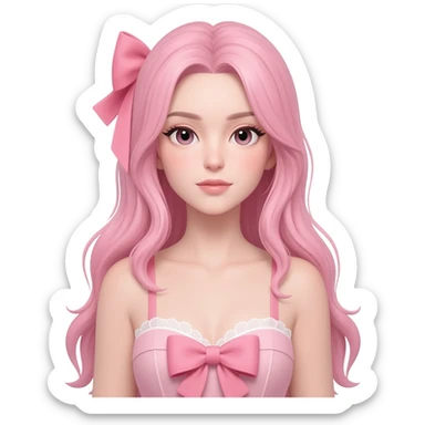 Long pastel pink hair tied with a bow, wearing a sexy dress with a bow on the chest, and very fair skin. sticker