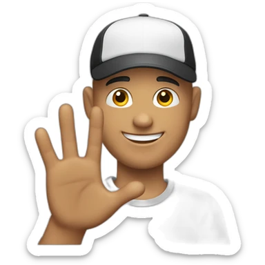 A bald guy with black cap smiling kindly and waving with the left hand sticker