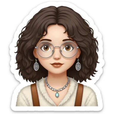 pale girl with dark brown chin length fluffy hair, modern hippie style, silver layered jewelry, round thin rimmed glasses, brown eyes sticker