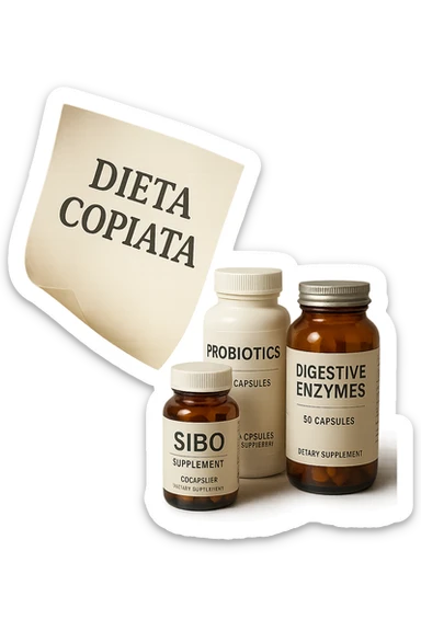 FOGLIO DI CARTA FLUTTUA IN ARIA CON LA SCRITTA "DIETA COPIATA", INSIEME A BARATTOLI DI INTEGRATORI PER CURARE IL SIBO, IPERREALISTICO 4K, NON DISEGNATO sticker