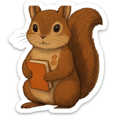 A cute brown squirrel with an orange book, studying at Siberian Federal University, looking straight ahead, full body, detailed fur, intelligent and beautiful sticker