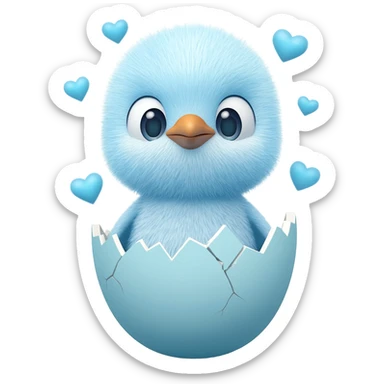 Fluffy light blue baby penguin surrounded by hearts while hatching out of an egg sticker