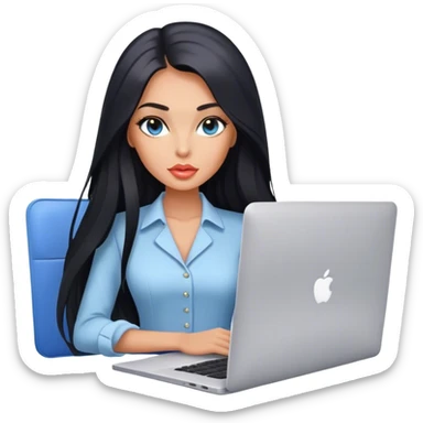 Glamours tanned very beautiful girl with pump peach lips and black straight smooth long hair, blue-grey eyes in beautiful clothing with MacBook in the office sticker