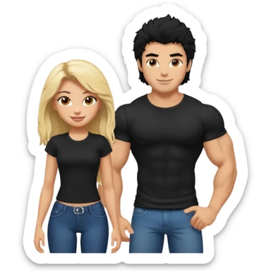 a pretty bratz guy with black hair with big muscles and shaggy hair in a tight black tee smiling standing with a girl sticker