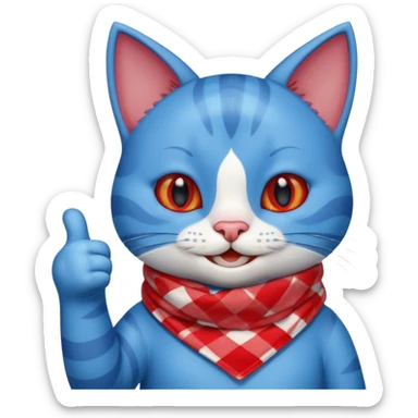 A Cute Blue Cat smiling and giving thumbs up, wearing red Checkered Triangle scarf sticker