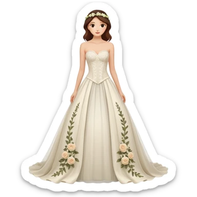 A romantic strapless A-line wedding gown with a sheer lace corset bodice and flowing floral applique skirt. sticker