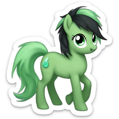 filly from equestria with a green coat and a black dishevelead mane and tail with a cutie mark with a cutie mark sticker