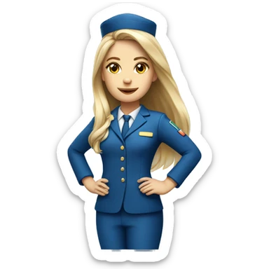 Long hair blond girl cabin crew blue uniform with travel bag sticker