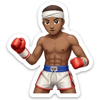 ​Cinematic Realistic Traditional Muay Thai Fighter such as Buakaw Banchamek, depicted in authentic attire featuring white bandaged gloves wrapped around his fists, a traditional headband tied neatly, and classic Muay Thai shorts, captured in a dynamic fighting stance under dramatic, high-energy lighting that highlights the raw power and elegance of the art, sticker