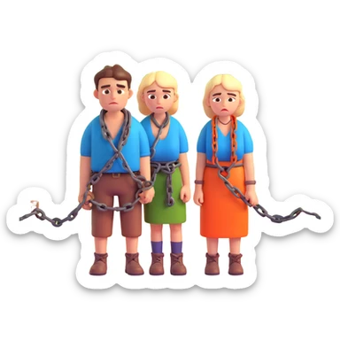 cartoon emoji style sad couple in rural clothing chained with small village and angry villagers in the background couple appears innocent and exhausted bright expressive colors sticker