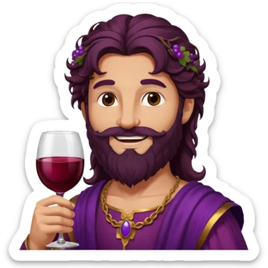 Bacchus, Wine God from Rome Mythology with long dark brown hair and beard, purple and burgundy outfit, sticker