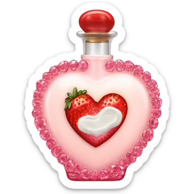 Antique heart-shaped parfumerie bottle with butter, made of red crystals, white cream and pink strawberry milk pour from the bottle sticker