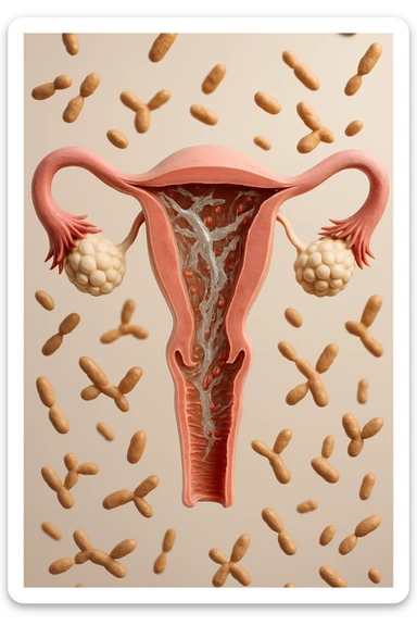 utero umano realistico con batteri della candida intorno, la foto si deve vedere per intero in formato verticale, sullo sfondo neutro chiaro ci sono batteri della candida, iperrealistico 4k sticker