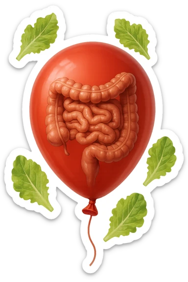 intestino chiuso in un palloncino rosso e foglie di insalata che fluttuano intorno sticker