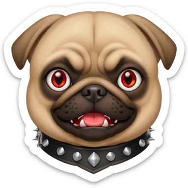 iphone style emoji of pug with fierce and funny face, red eyes, small fangs, black spiked collar, 2D bright and clean style, comic attitude sticker