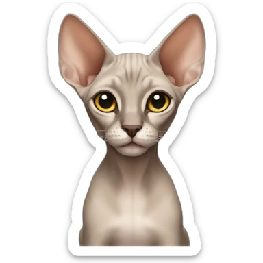Sphinx cat with big ears that have a black tip sticker