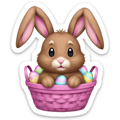 Floppy-ears fluffy brown bunny in pink Easter basket sticker
