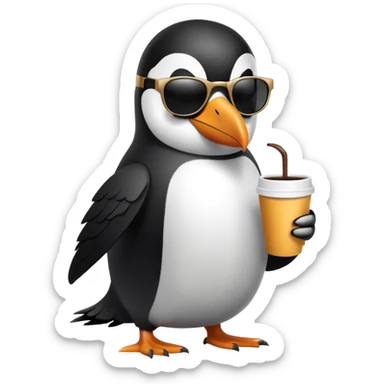 penguin with toucan beak holding a coffee cup and wearing sunglasses sticker