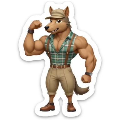 extremely super-duper hyper muscular wolf furry extremely exaggerated muscles with chiseled face, horse-length bullneck and an elongated snout, wearing a plaid dress shirt halfway buttoned, khaki dress slacks and very large newsboy cap on his head while flexing his bicep muscles sticker