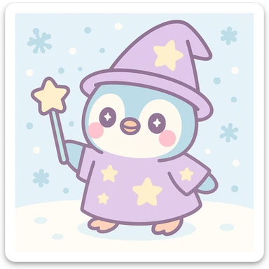 Add a snowy background behind the penguin wizard, keeping the whimsical kawaii style. sticker