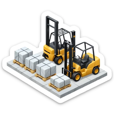 warehouse with forklifts and slabs of amrble stone  isometric view from th outsideeslabs, forklifts, no vehicles no robots sticker