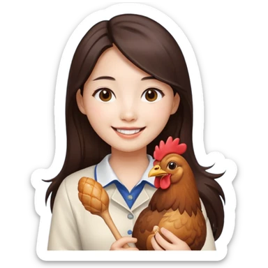 korean girl with long dark brown hair holding a chicken drumstick, simple emoji style sticker