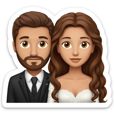 wedding couple woman with long straight brown hair and eyes man with long brown curly hair and facial hair sticker