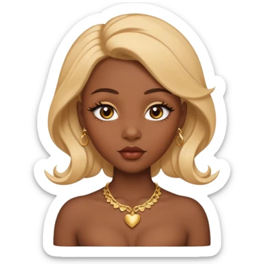 darkskin female with eyebrows that are naturally shaped and frame eyes well, eyes that are almond-shaped with defined lashes. nd lips are full with a defined cupid’s bow, add also a septum piercing that adds an edgy, stylish flair. a middle-part, honey blonde bust-down with laid baby hairs sticker