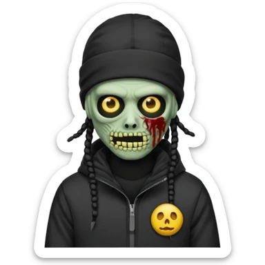 a zombie emoji with black dreads and a black nike jacket and black nike ski mask on his head sticker