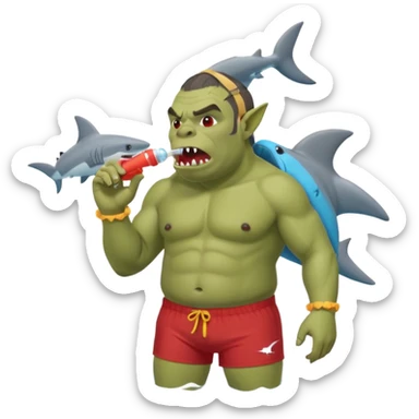 orc male in shark floatie, blowing whistle. Red swim trunks sticker