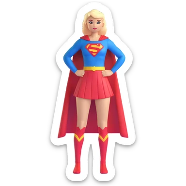 Supergirl superhero full body, blue tights costume with red skirt, red cape and S emblem sticker
