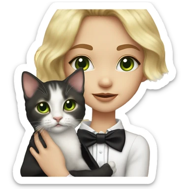 blonde girl with medium lenght wavy hair and green eyes holding a tuxedo kitten with a black bow collar and yellow eyes sticker