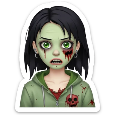 quero que me faça igual a anterior, como um zumbi, porém, a menina deverá ter cabelos pretos e olhos verdes, e um piercing na sobrancelha e um na boca sticker