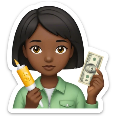 a young girl with dark skin and short black hair holding money and a glue stick in her hands sticker
