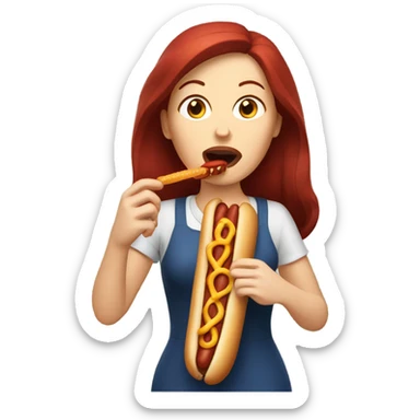 White woman white dark red hair eating a hotdog  sticker