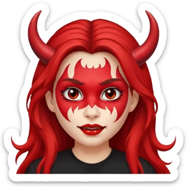 a long-haired red face paint devil girl with shirt sticker