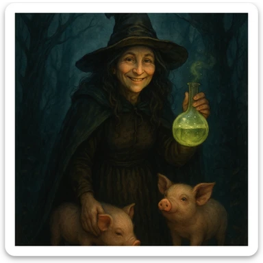 smiling witch with magical potion and pigs at her feet, mysterious atmosphere, fairy tale style sticker