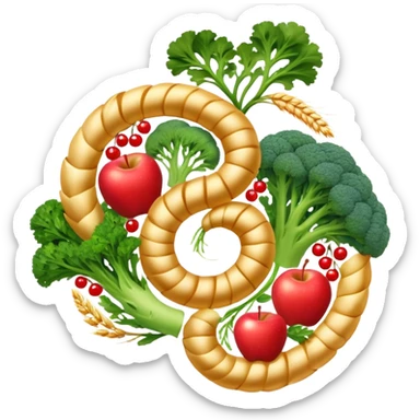 Golden wheat stalks, green leafy vegetables, bright apples, berries, broccoli, and tiny seeds surrounding a glowing spiral digestive system. Light sparkles flow through the intestines showing fiber's cleansing effect. sticker