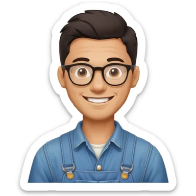 smiling dark-haired man with glasses, big teeth, standard male haircut, rural farmer sticker
