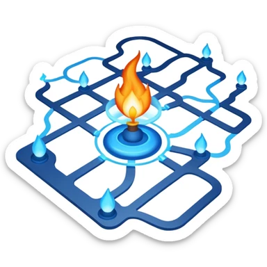 a map with a glowing blue flame on the x and networking paths sticker