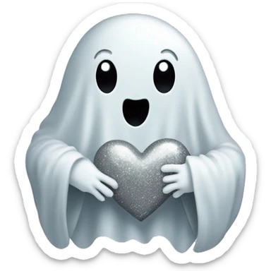 Cute ghost holding grey love heart with silver glitter all around it  sticker