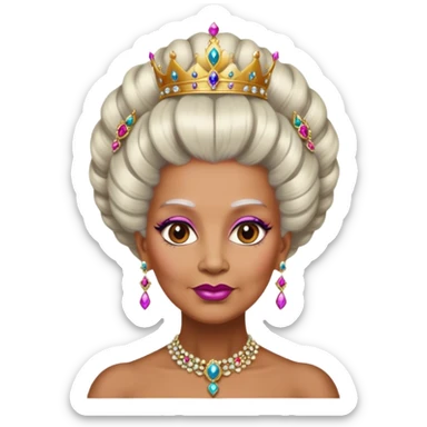 old queen with Elaborate updo hairstyle, powdered wig, adorned with jewels warm brown skin sticker