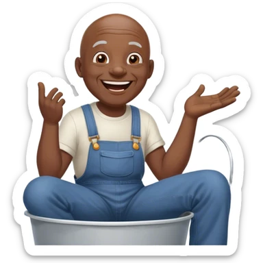 Side view Laughing telling story Old bald black man sitting on top of white bucket wearing overalls no shirt sticker