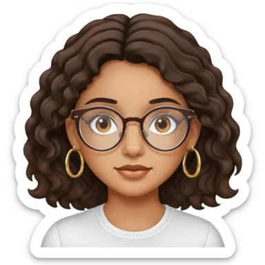 Make a girl with dark brown wavy hair and brown eyes she's tan latina and she has clear glasses and small hold hoop earings sticker