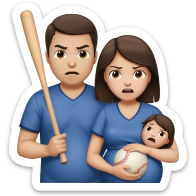 A angry brunette man holding a baseball bat towards a brunette pregnant woman who is crying sticker