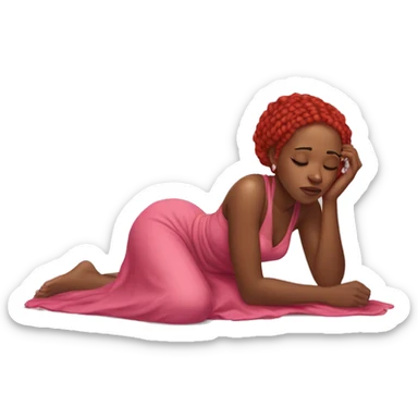 a black woman laying on the floor, with red braids hair ,crying , pink gown sticker